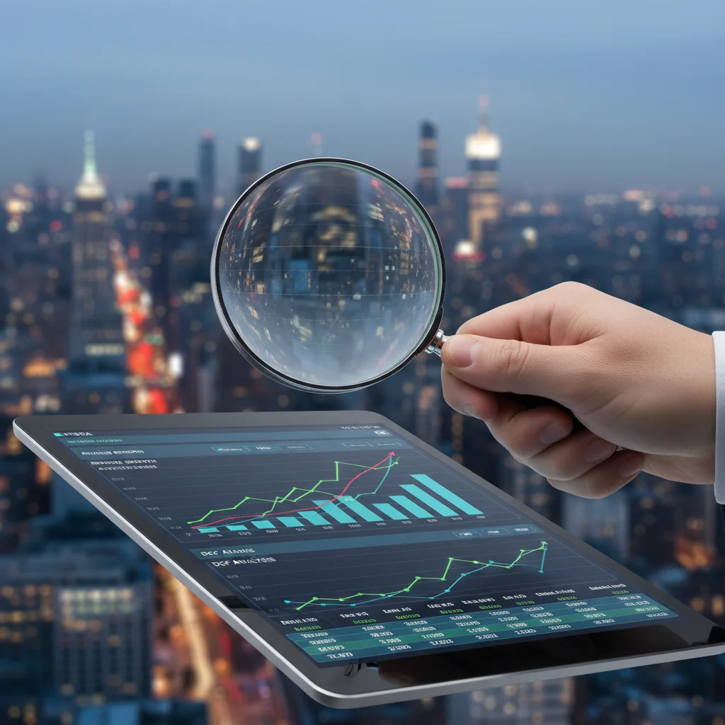 Hand with magnifying glass examining financial data on tablet, symbolizing private equity due diligence.