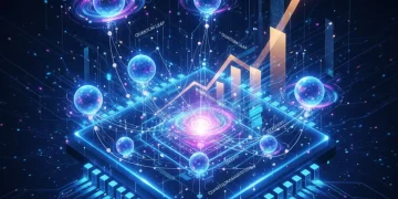 Futuristic quantum computing network with glowing qubits, representing innovation and future potential for US businesses.