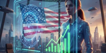 Small business owner analyzing quantum computing ROI on holographic display.