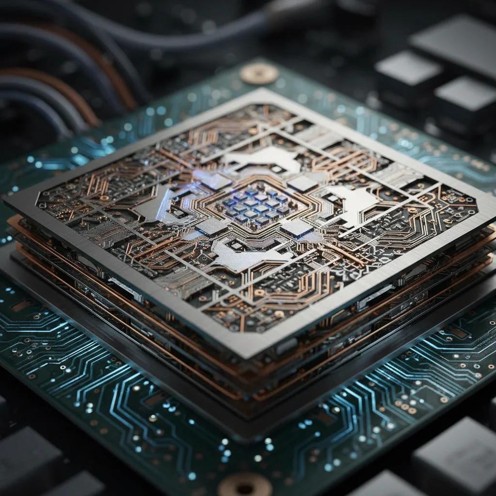 Close-up of an advanced quantum processor chip, highlighting hardware development.