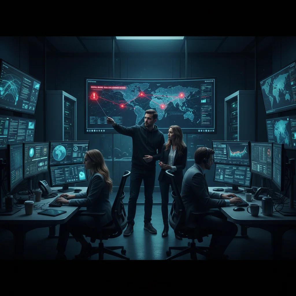 Cybersecurity analysts in a SOC detecting and analyzing a tech incident.
