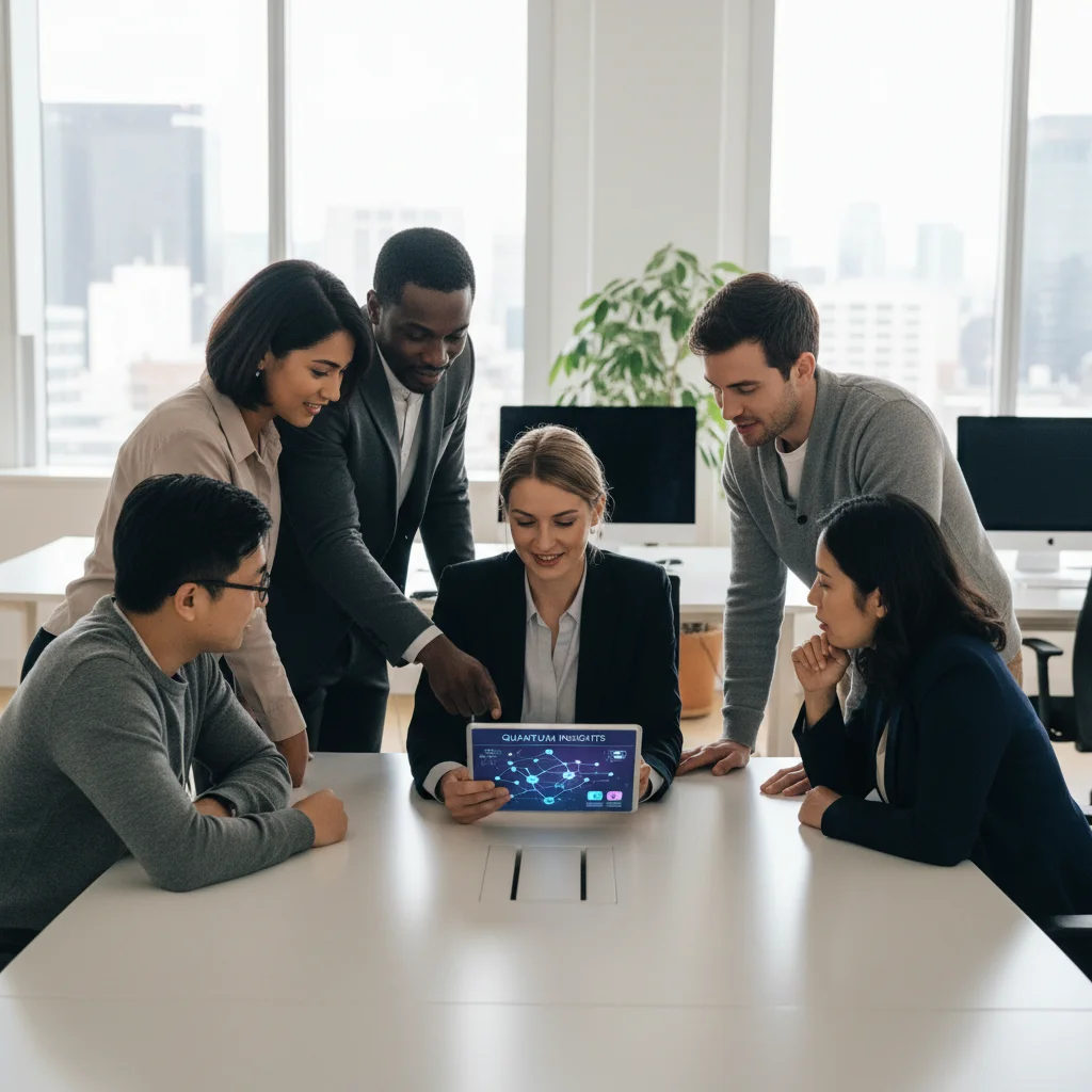 Small business team collaborating on a tablet displaying quantum computing application.