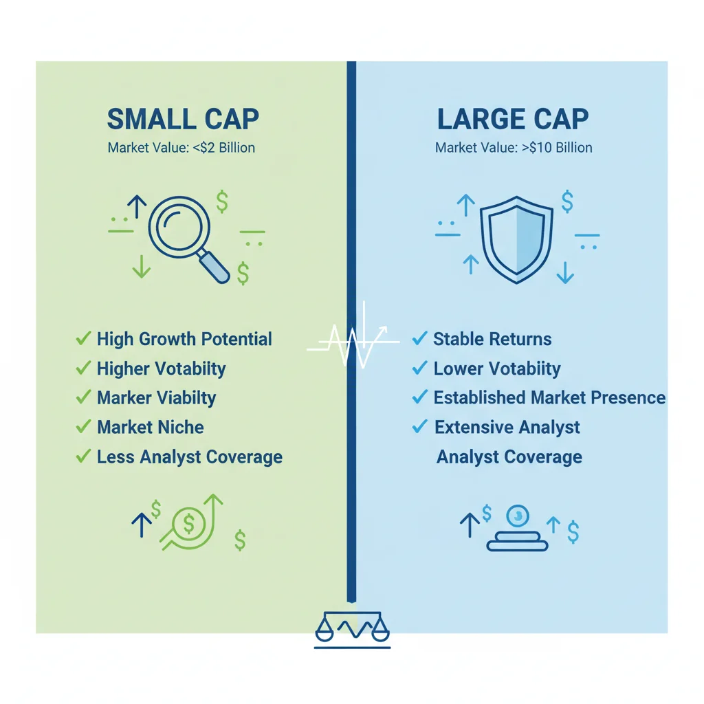 Infographic comparing characteristics of small cap and large cap companies