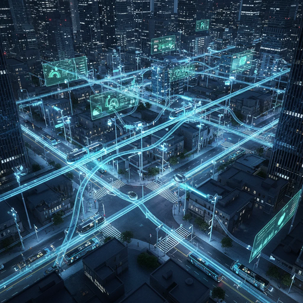 Smart city infrastructure leveraging edge computing for enhanced urban management and public services.