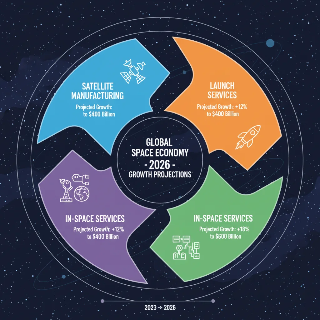 Infographic detailing space economy segments and growth projections for 2026