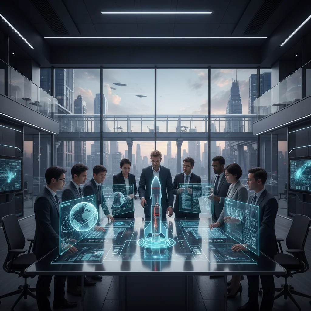 Entrepreneurs and investors collaborating on space tech projects in a modern office