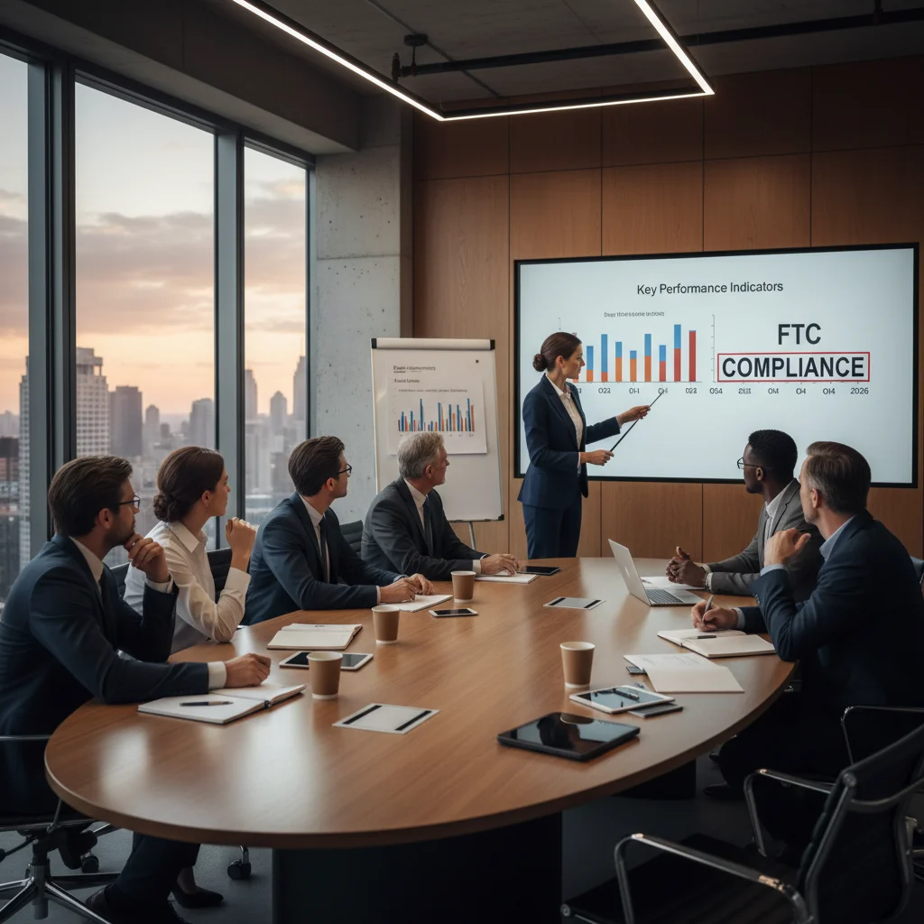 Business executives reviewing KPIs and a timeline on a whiteboard, focusing on FTC compliance and strategic planning for Q4 2026.