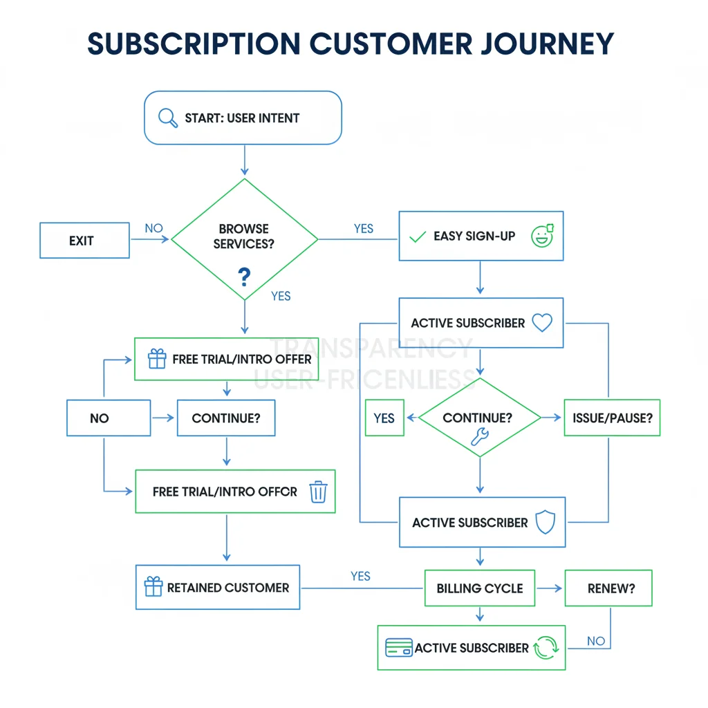 Flowchart illustrating transparent subscription sign-up and cancellation processes, emphasizing user experience and compliance.