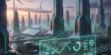 Futuristic cityscape with sustainable energy infrastructure and digital carbon reduction data.