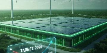 Sustainable data center with renewable energy sources and financial growth chart