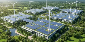 Modern sustainable data center with solar panels and wind turbines