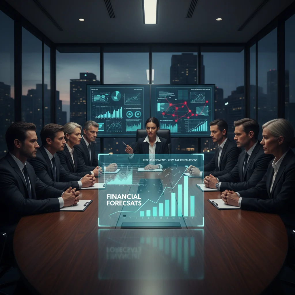 Executives strategizing in a boardroom, analyzing financial forecasts and tax risks.