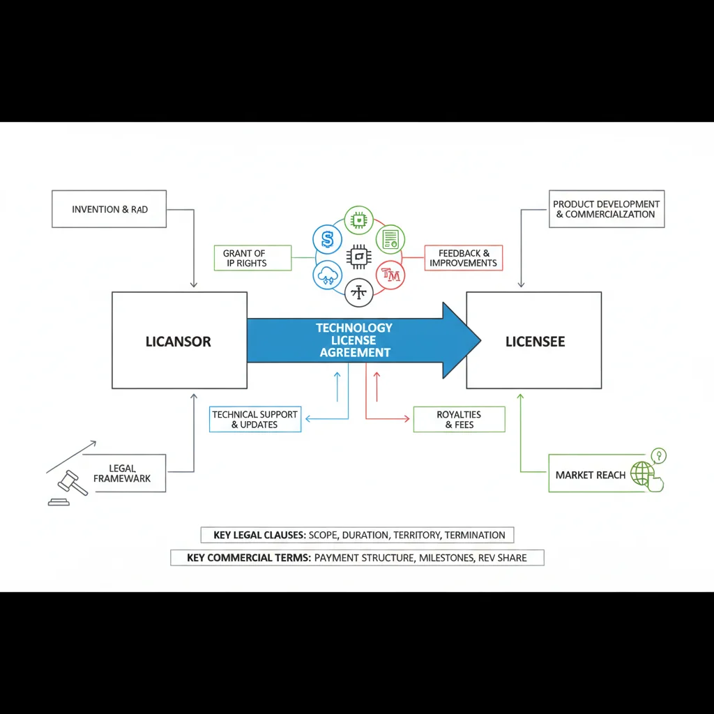 Infographic illustrating the process of technology licensing and intellectual property transfer.