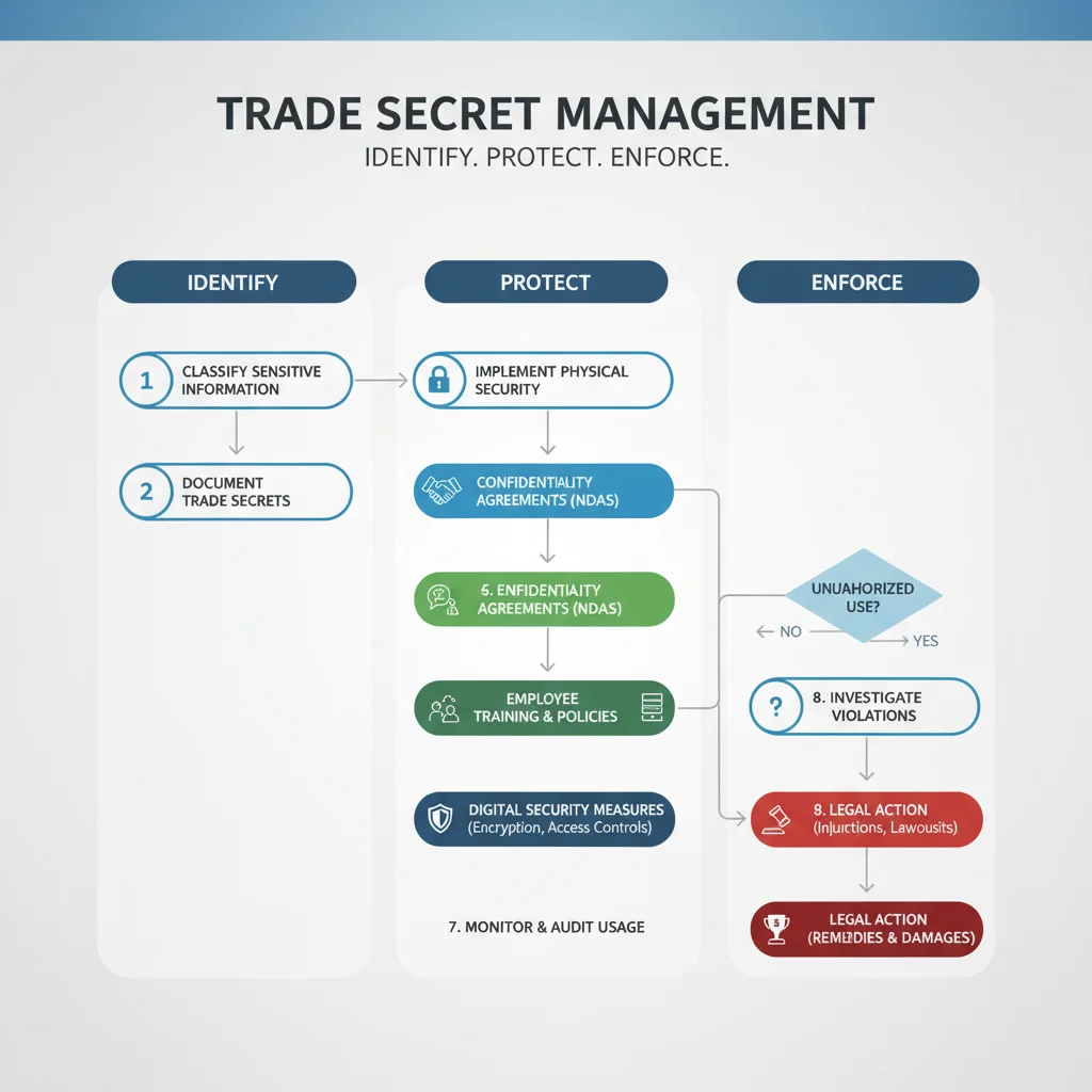 Flowchart detailing the steps for identifying, protecting, and enforcing trade secrets in a business.