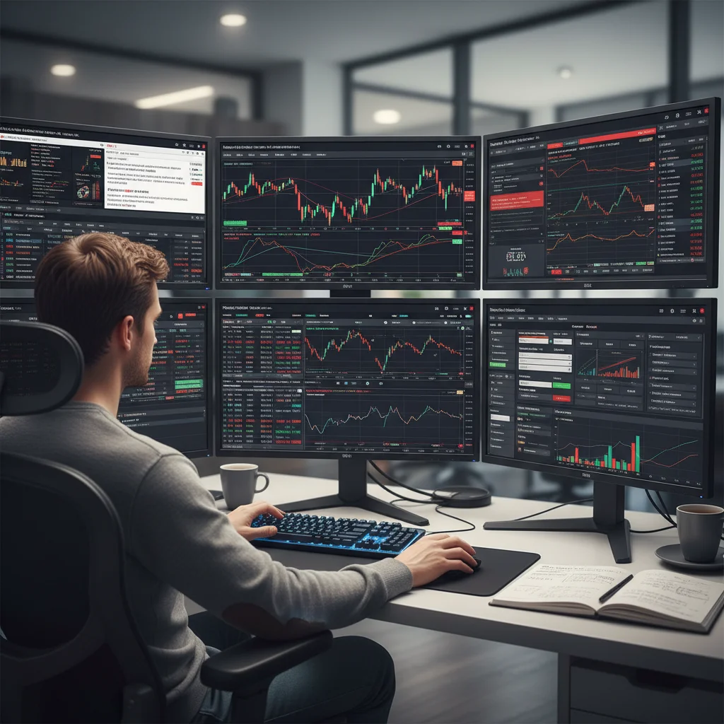 Trader actively managing option spreads on multiple monitors
