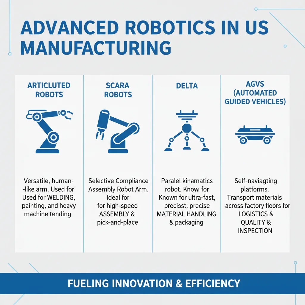 Infographic detailing various advanced robotic types and their applications in US manufacturing.