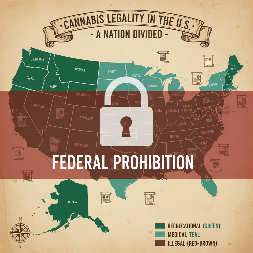 US map illustrating varied state cannabis laws, contrasting with federal stance.