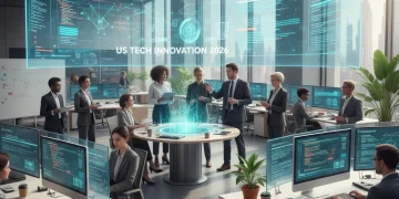 Diverse tech team collaborating in a modern office, symbolizing innovation and the competitive US tech talent market.