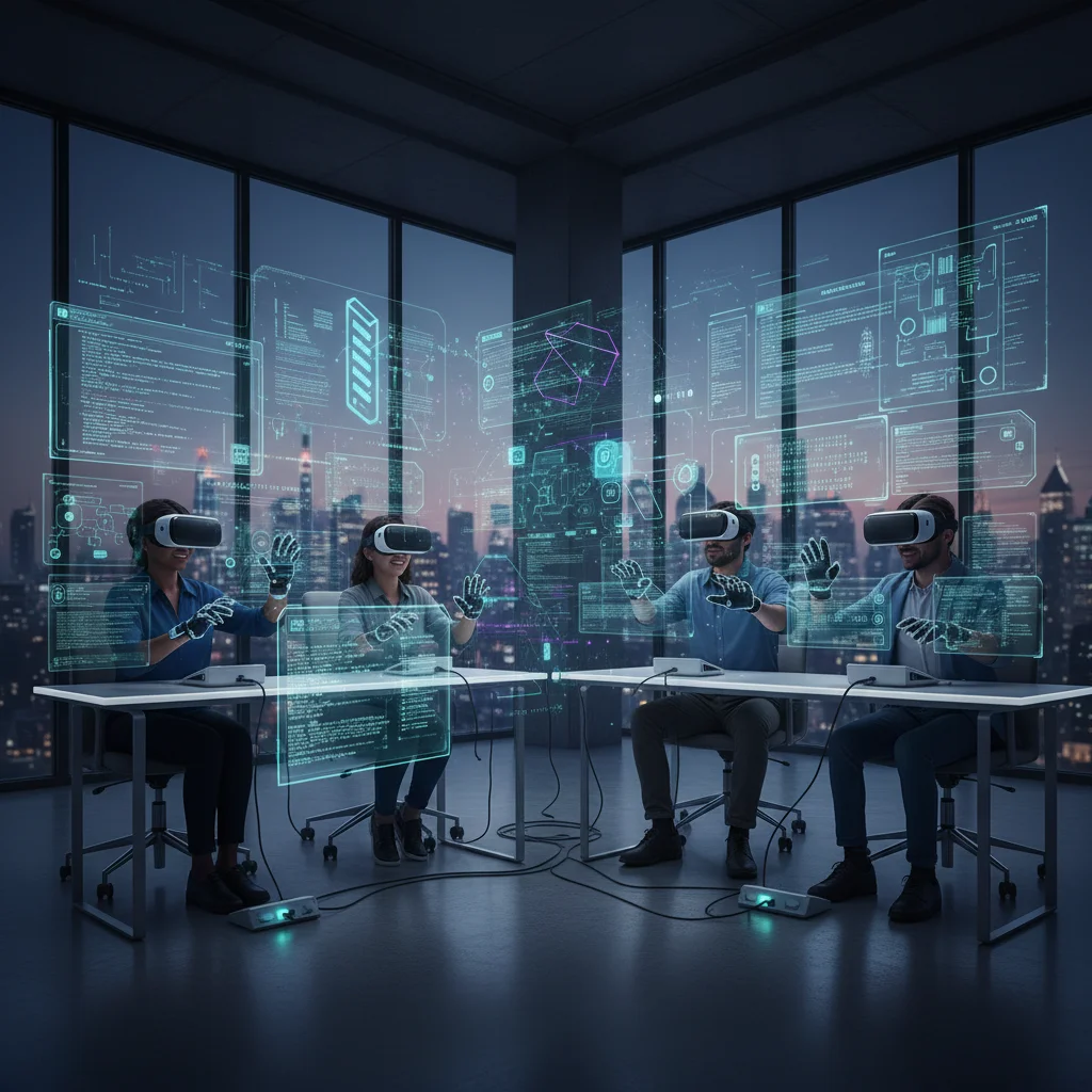 Diverse individuals engaged in virtual reality coding training.
