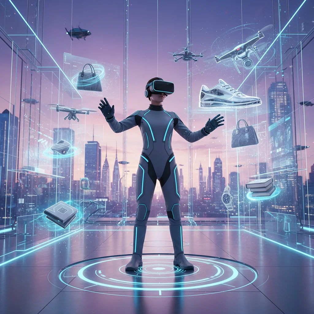 Consumer engaging in virtual shopping with a VR headset.
