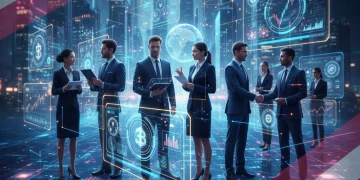Web3 technologies transforming US businesses with interconnected digital nodes and business professionals.