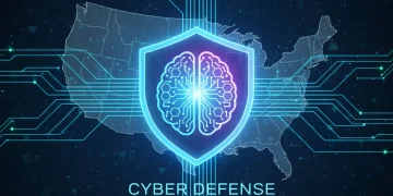 AI brain protecting U.S. digital data with secure network lines.