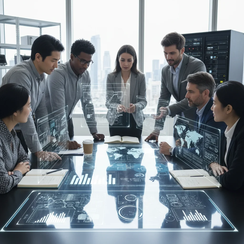 Team collaborating on AI-driven supply chain strategies for tech manufacturing