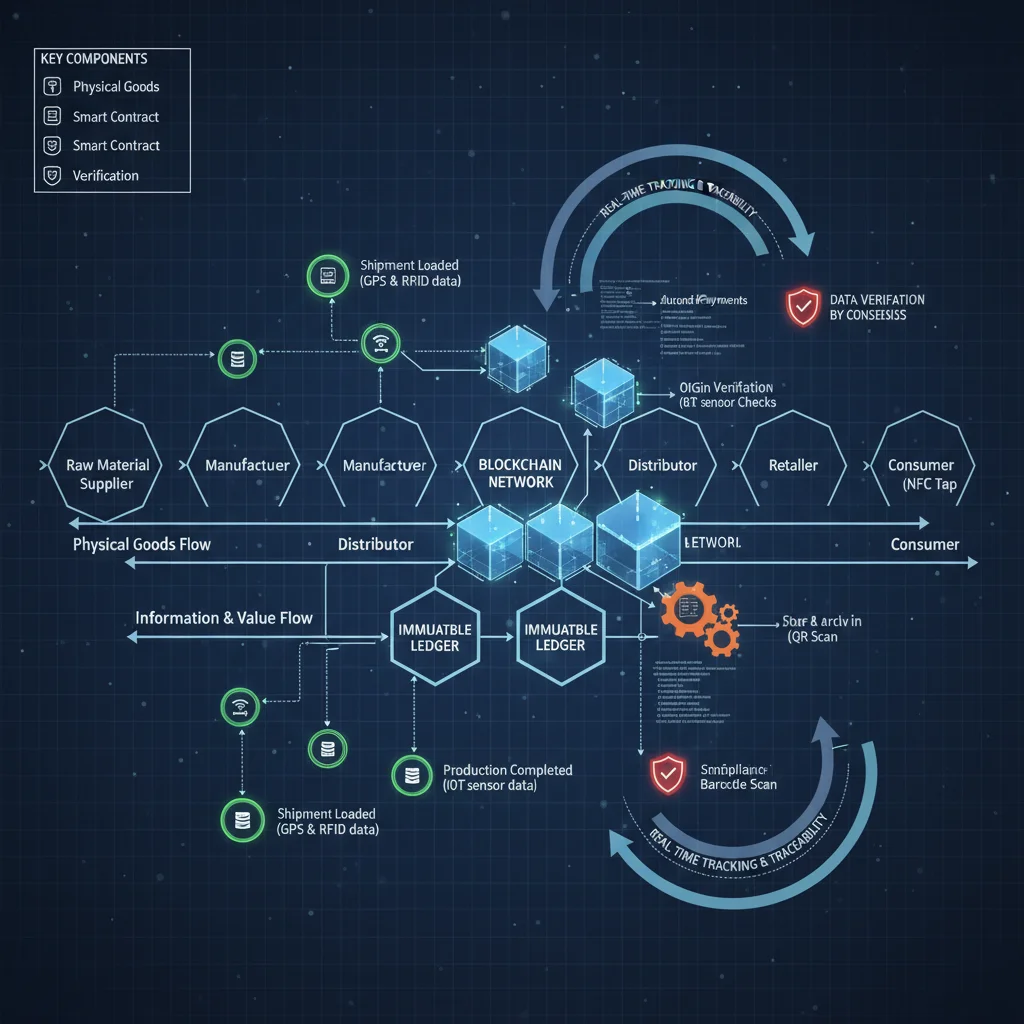 Diagram of a blockchain-enabled supply chain with smart contracts and data verification points.