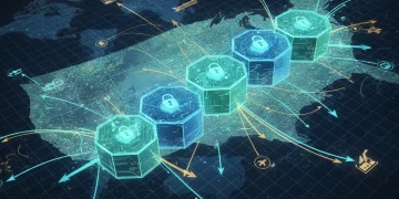 Blockchain network superimposed on U.S. supply chain map, symbolizing transparency and security.
