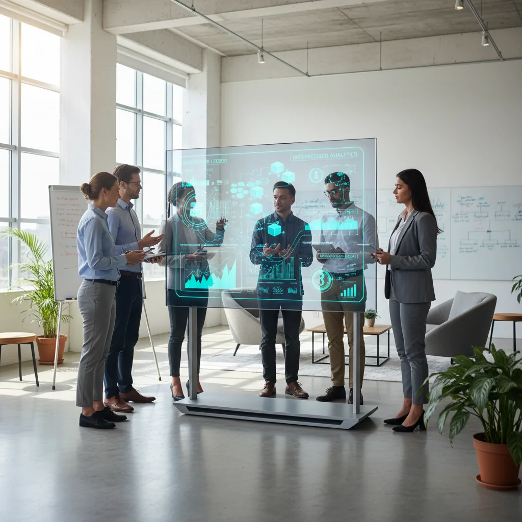 Business team analyzing blockchain supply chain data on a dashboard, fostering collaboration.