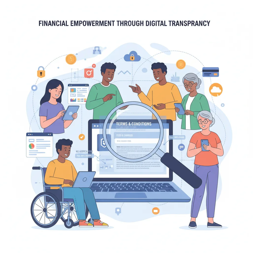 Diverse consumers reviewing digital loan terms for transparency and fairness