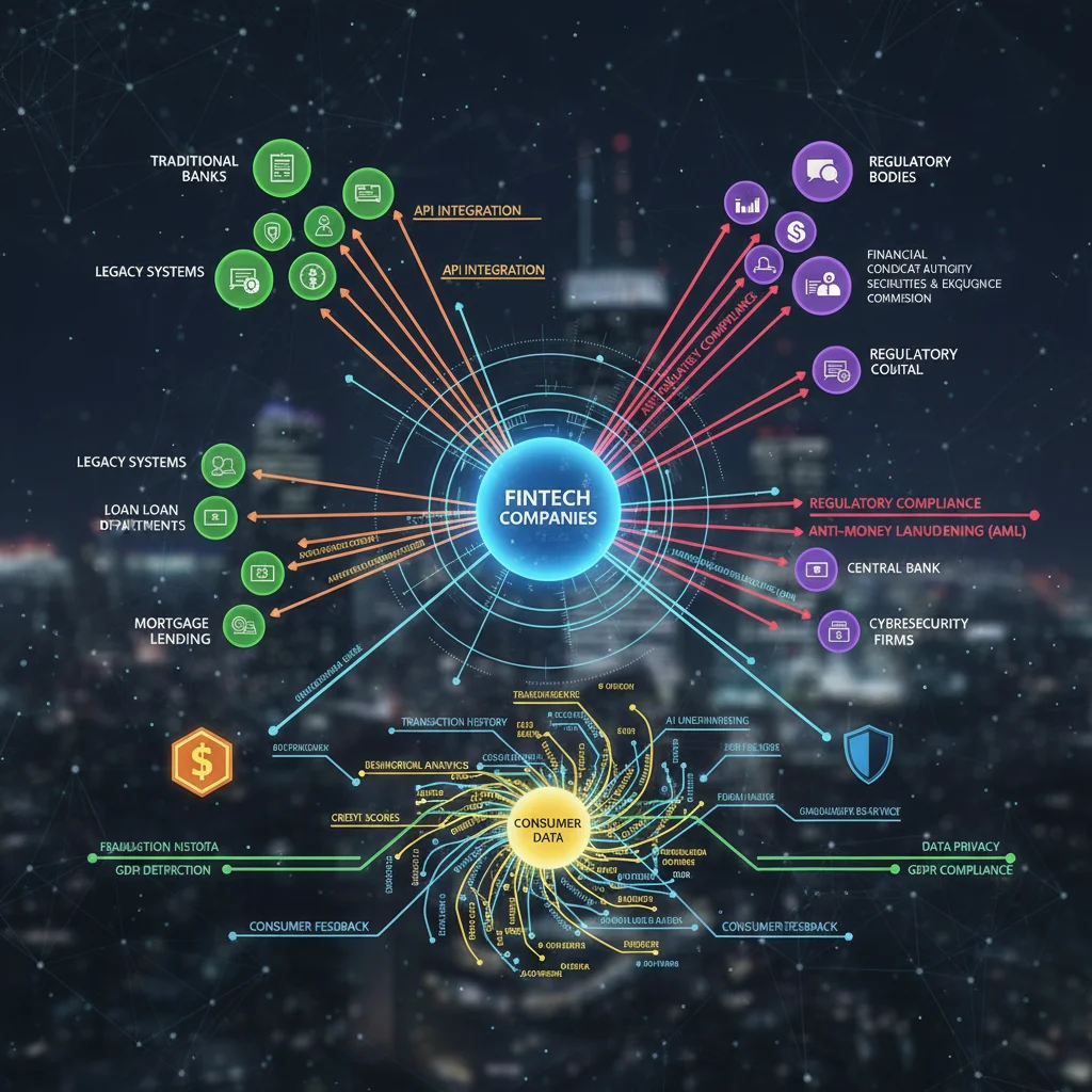 Interconnected network of fintech, banks, and regulators showing digital lending ecosystem challenges