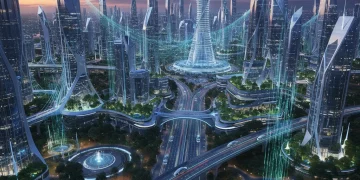 Futuristic smart city with interconnected infrastructure and green spaces