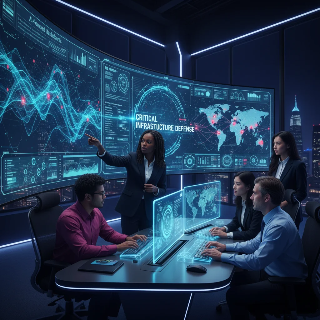 Cybersecurity team using AI tools for collaborative threat intelligence.