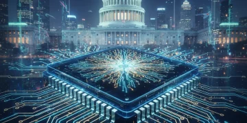 Brain-inspired neuromorphic chip glowing with neural connections, representing advanced AI.