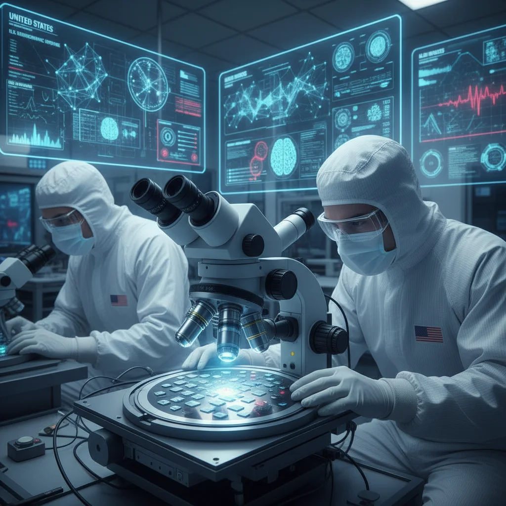 Researchers in a lab examining neuromorphic computing wafers, symbolizing US innovation.