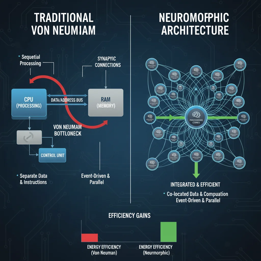 Comparison of Von Neumann and neuromorphic computing architectures, showing integrated memory and processing.