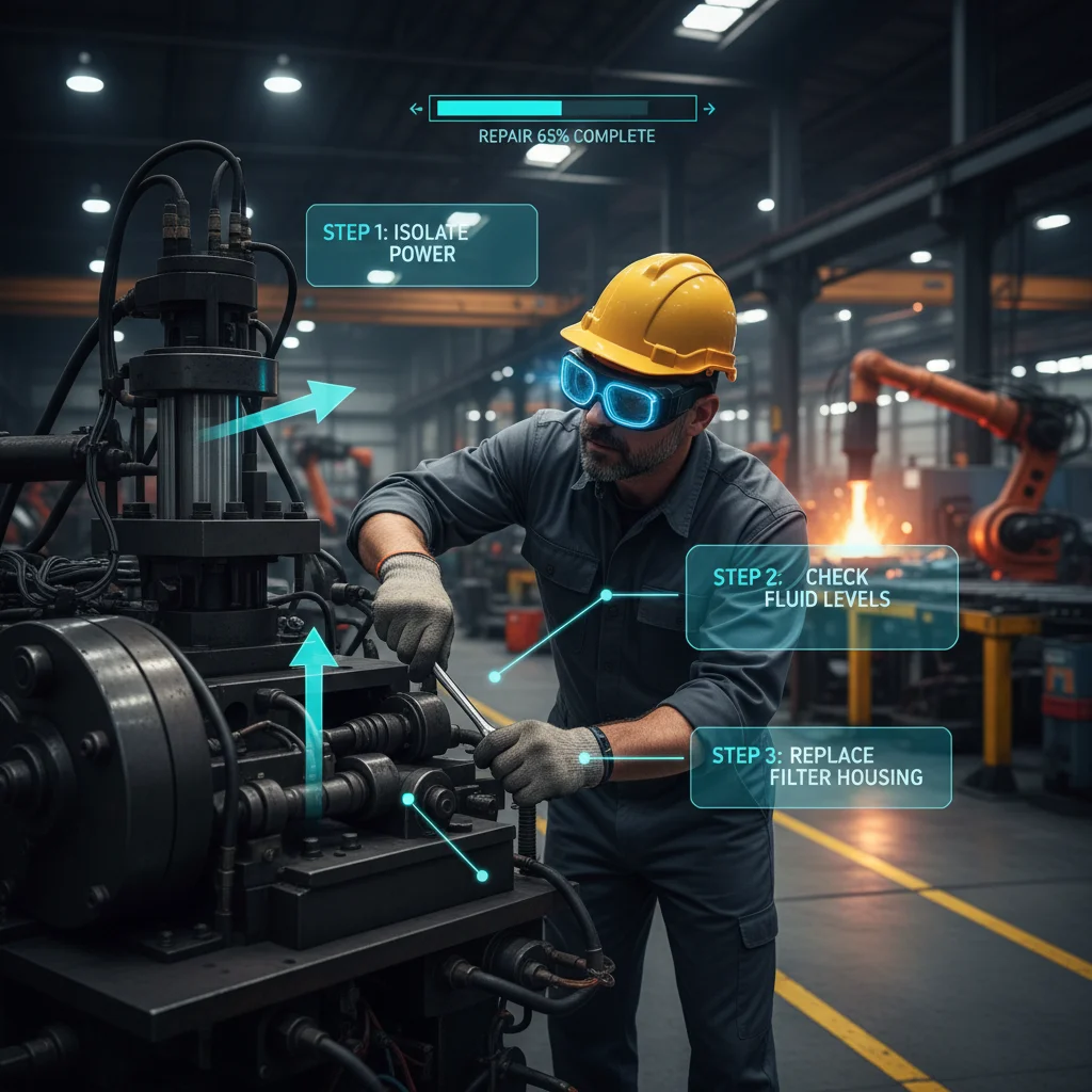 Technician using augmented reality for machine repair on a factory floor, showing digital instructions.