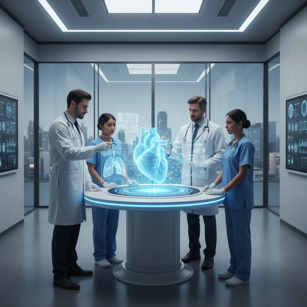 Healthcare professionals using augmented reality to interact with a holographic anatomical model for training.