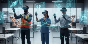 Augmented reality headsets on diverse US workers in a futuristic training setting, showing holographic interfaces.