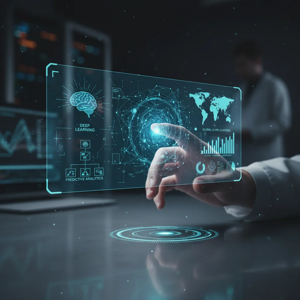 Hand interacting with holographic AI interface displaying data and algorithms.