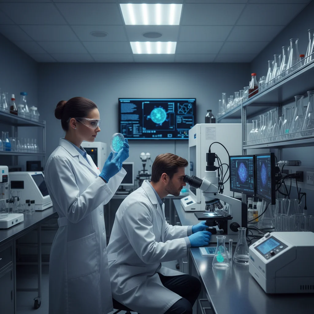 Biotechnology researchers working in a modern laboratory with advanced equipment.
