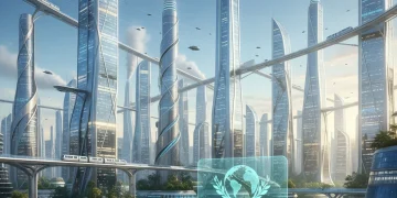 Futuristic cityscape with clean air and sustainable energy, representing environmental compliance in 2026.
