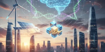 Futuristic cityscape with AI, biotech, quantum computing, and sustainable energy symbols.