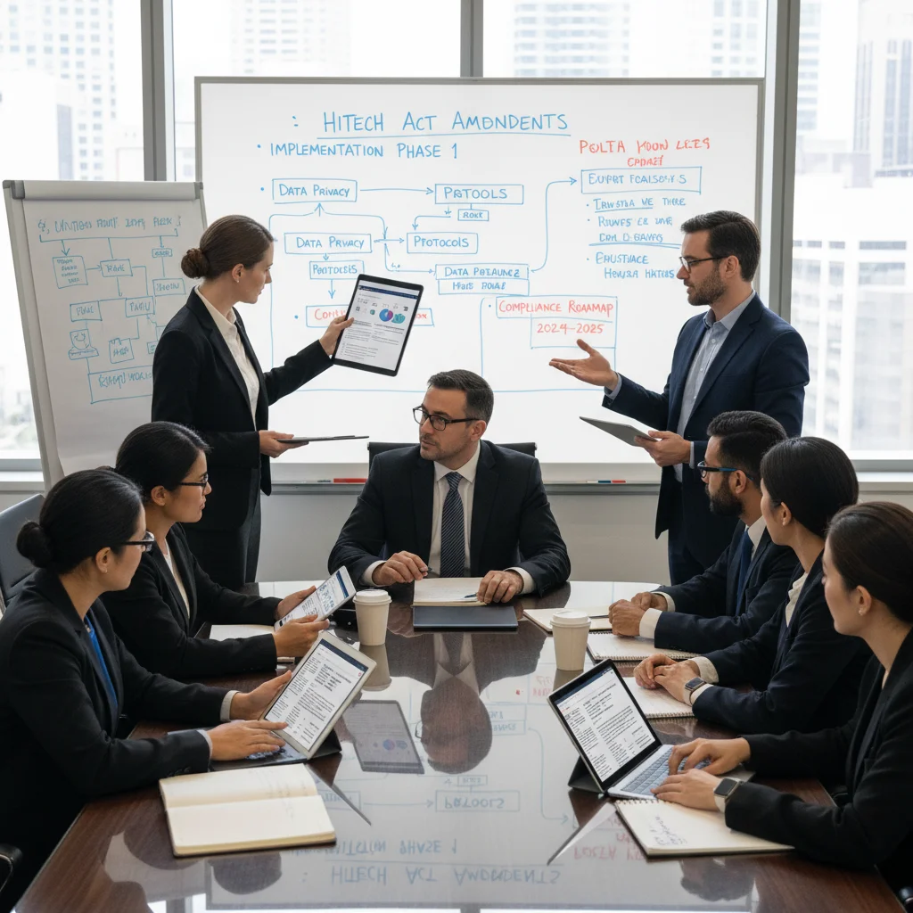 Healthcare IT team discussing HITECH Act compliance