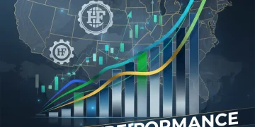 Financial charts showing market outperformance with a 7% target, representing hedge fund replication strategies for the US market.