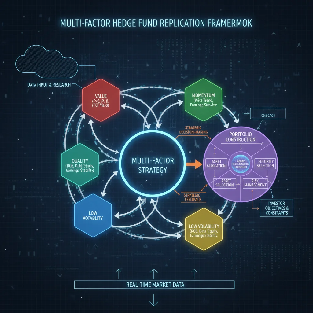 Diagram showing interconnected investment factors and portfolio construction for hedge fund replication.