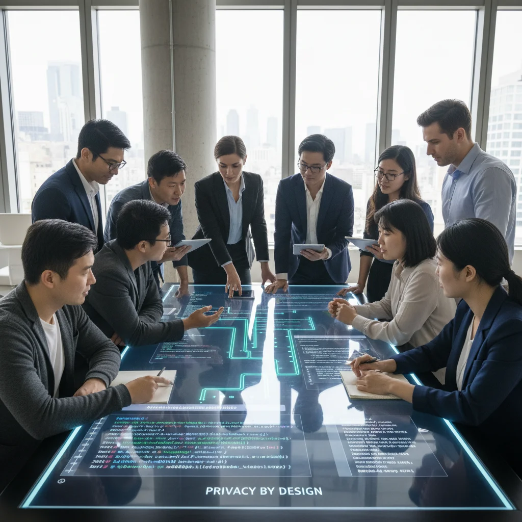 Tech team collaborating on privacy-by-design implementation