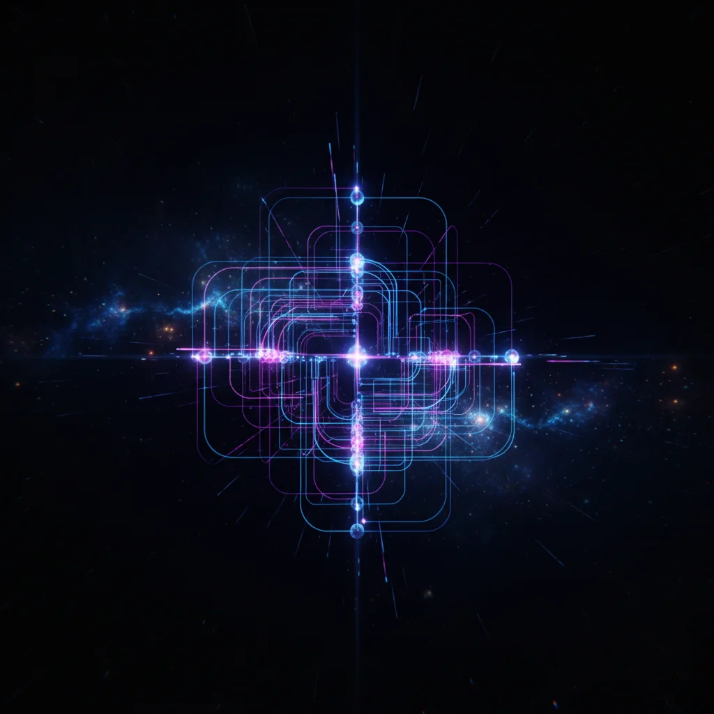 Abstract visualization of a complex quantum circuit.