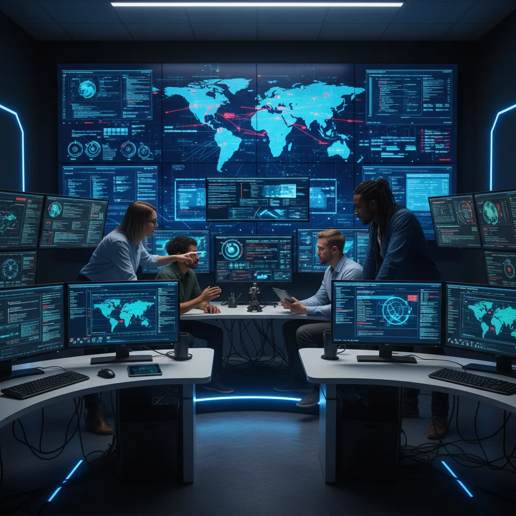 Cybersecurity analysts monitoring threat intelligence in a security operations center.